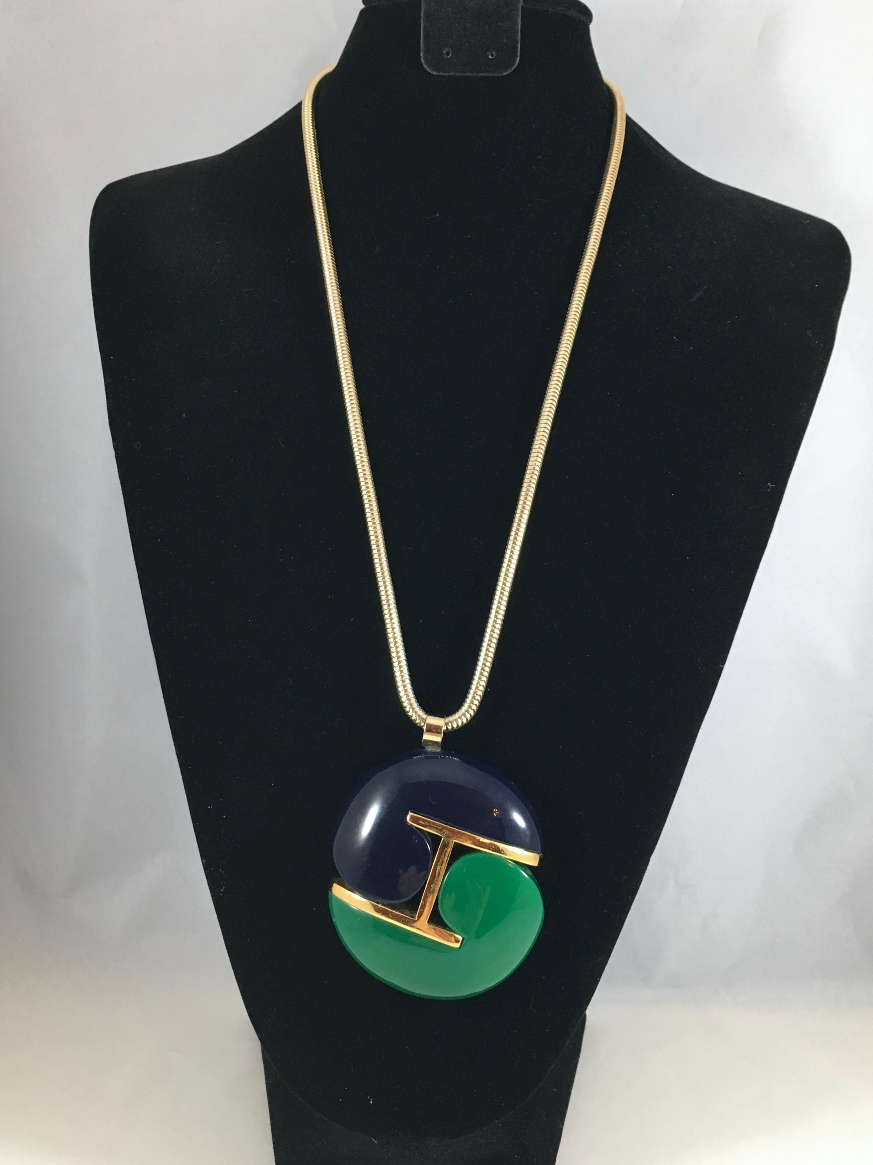 Lanvin Navy and Green Modernist Pendant Necklace 1970s 3
