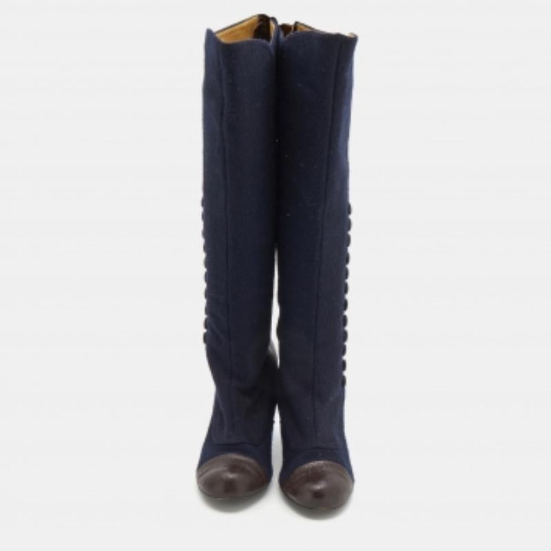 Black Lanvin Navy Blue/Brown Fabric And Leather Knee Length Boots Size 38 For Sale