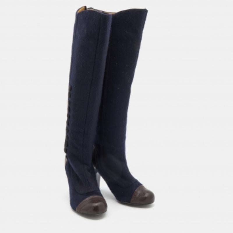 Lanvin Navy Blue/Brown Fabric And Leather Knee Length Boots Size 38 In Good Condition For Sale In Dubai, Al Qouz 2