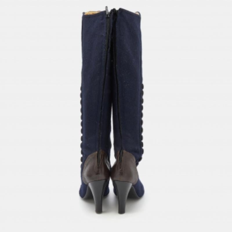Lanvin Navy Blue/Brown Fabric And Leather Knee Length Boots Size 38 For Sale 1
