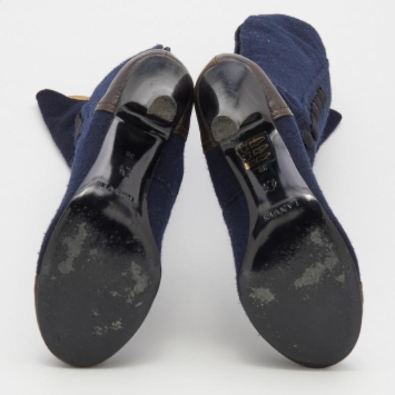 Lanvin Navy Blue/Brown Fabric And Leather Knee Length Boots Size 38 For Sale 2