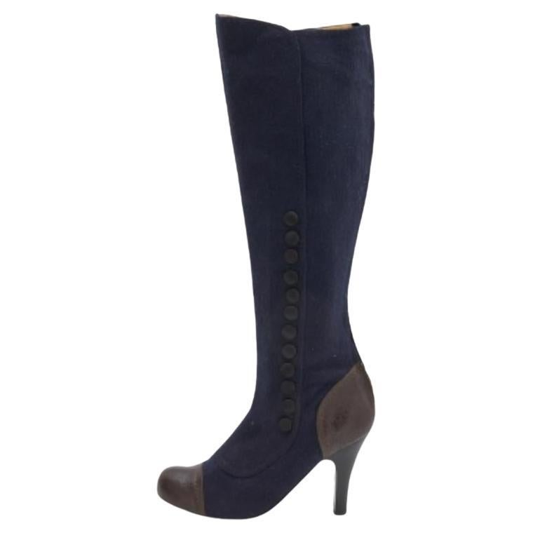 Lanvin Navy Blue/Brown Fabric And Leather Knee Length Boots Size 38 For Sale