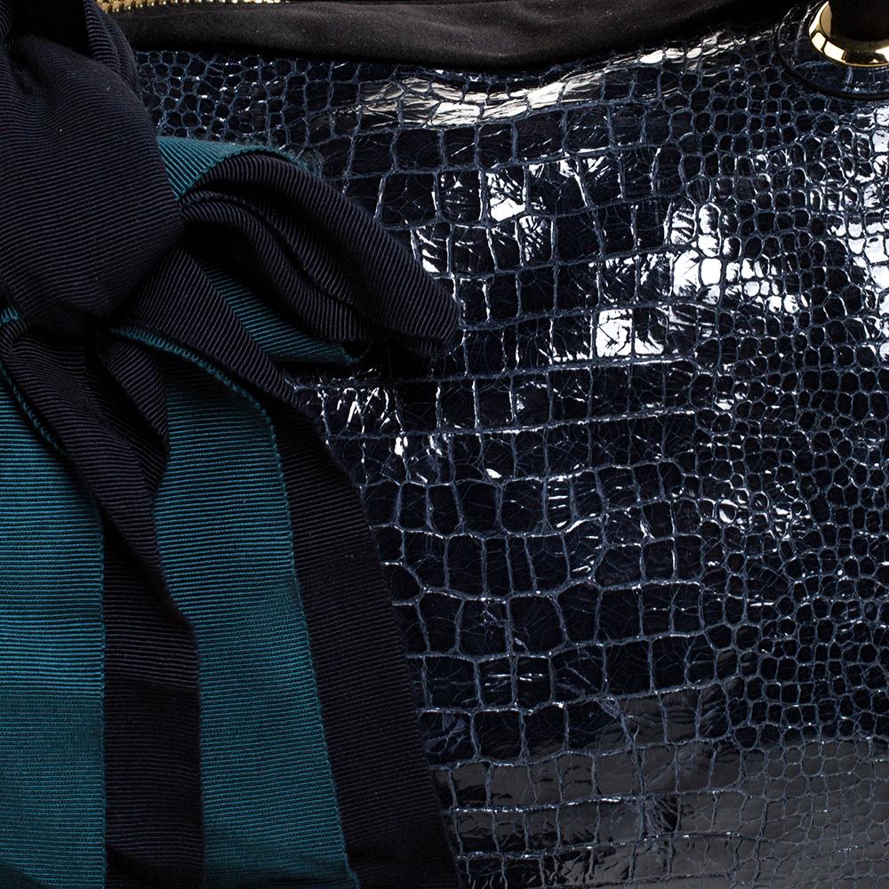 Lanvin Navy Blue Croc Embossed Leather Duffel Bag 4