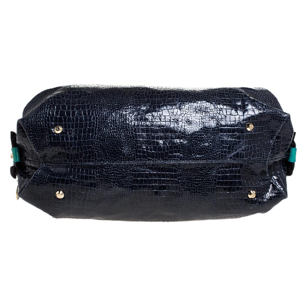 Lanvin Navy Blue Croc Embossed Leather Duffel Bag In Good Condition In Dubai, Al Qouz 2