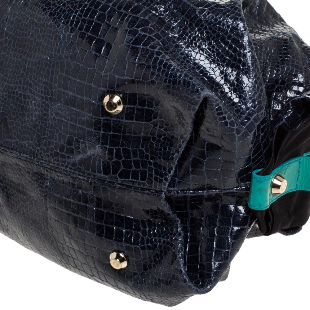 Women's Lanvin Navy Blue Croc Embossed Leather Duffel Bag