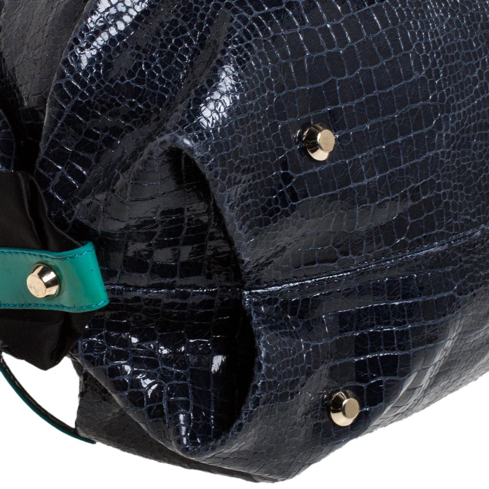 Lanvin Navy Blue Croc Embossed Leather Duffel Bag 3