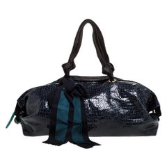 Lanvin Navy Blue Croc Embossed Leather Duffel Bag