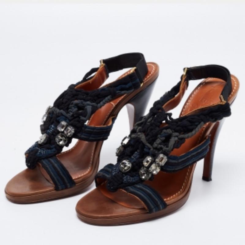 Women's Lanvin Navy Blue Crystal Embellished Braided Fabric Slingback Sandals Size 39.5