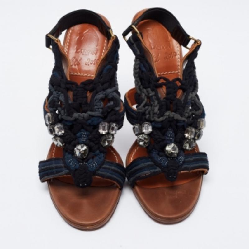 Lanvin Navy Blue Crystal Embellished Braided Fabric Slingback Sandals Size 39.5 1