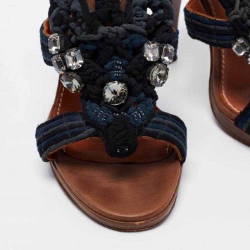 Lanvin Navy Blue Crystal Embellished Braided Fabric Slingback Sandals Size 39.5 3