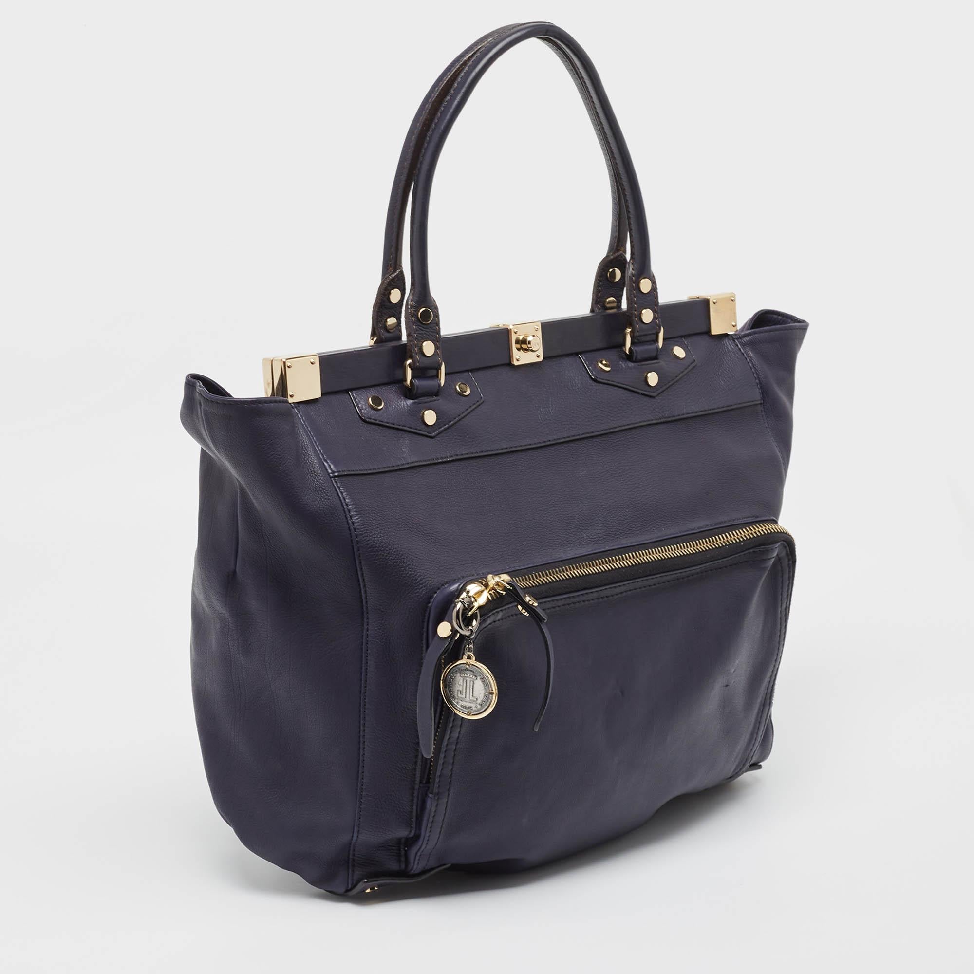 Black Lanvin Navy Blue Leather Magnetic Frame Tote For Sale