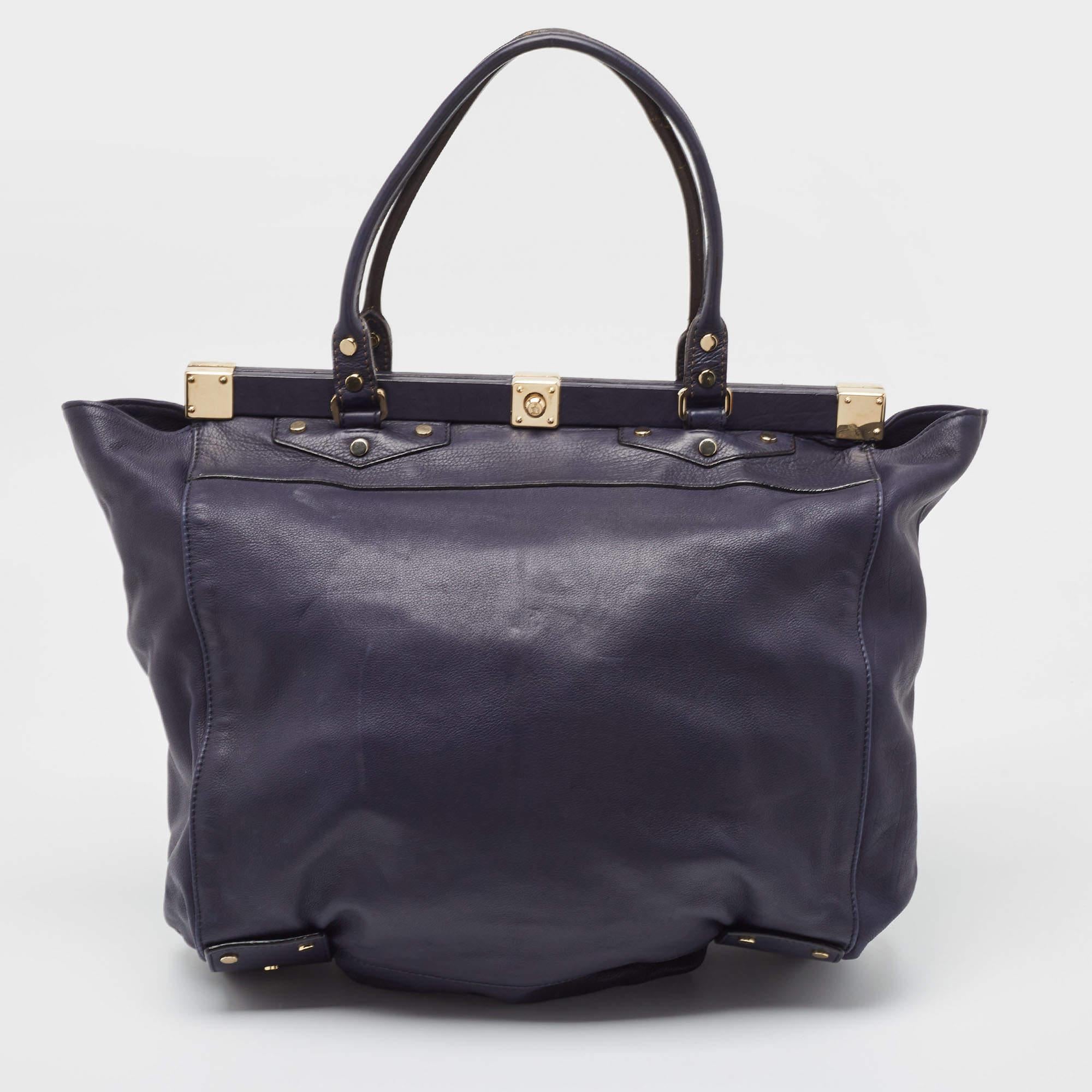 Lanvin Navy Blue Leather Magnetic Frame Tote In Fair Condition For Sale In Dubai, Al Qouz 2