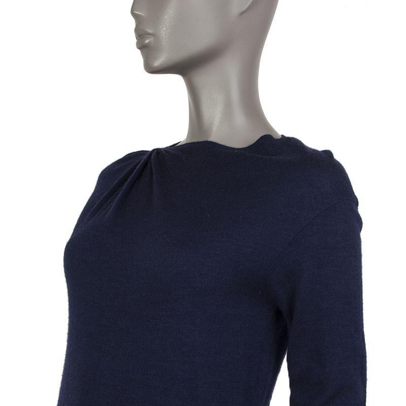 100% authentic Lanvin sweater dress in navy wool (60%), cashmere (20%), and silk (20%). With gathered draped shoulder and ribbed details. Has been worn and is in excellent condition. 

Measurements
Tag Size	M
Size	M
Shoulder Width	53cm