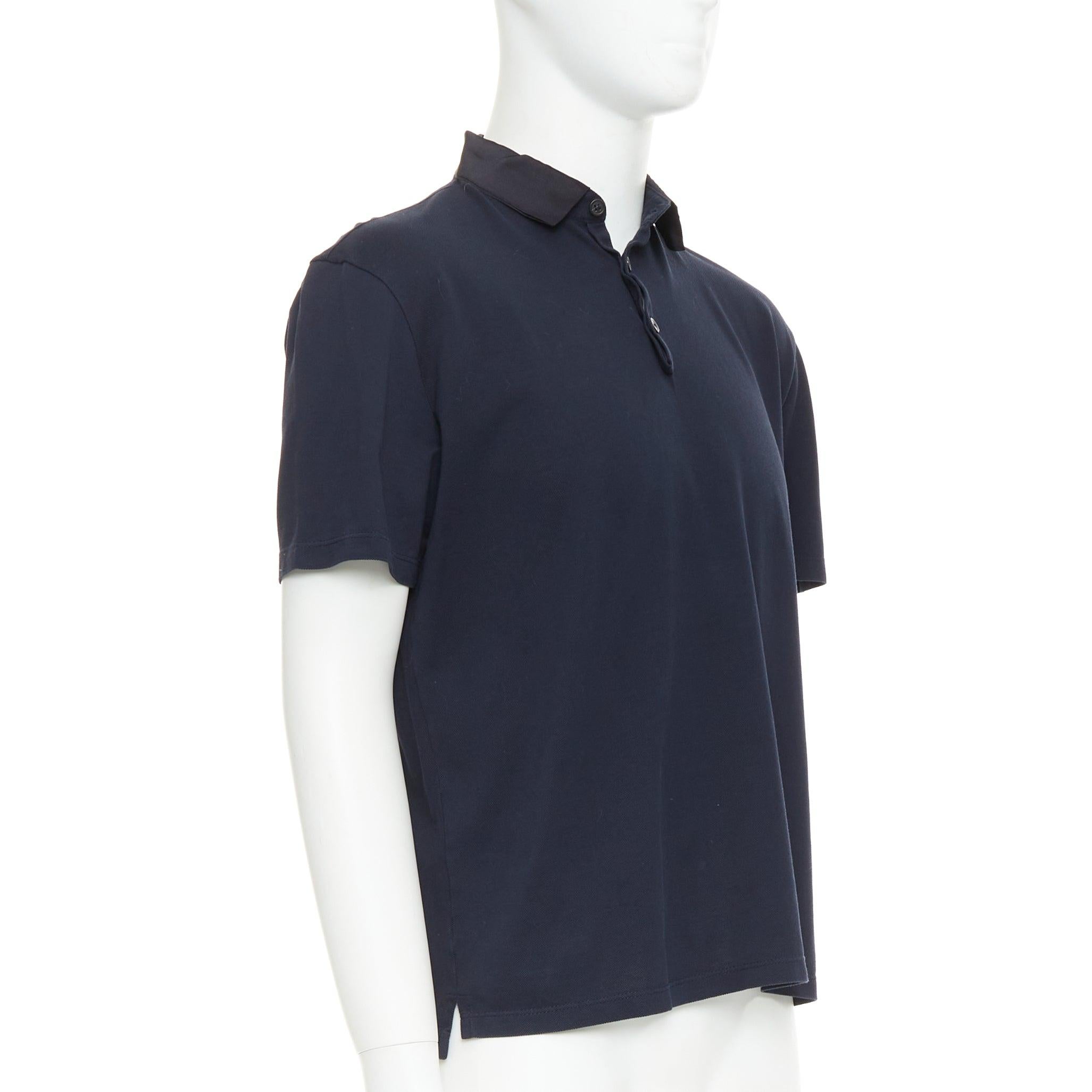 LANVIN polo corto de algodón azul marino con cuello de grosgrain negro M Negro en venta