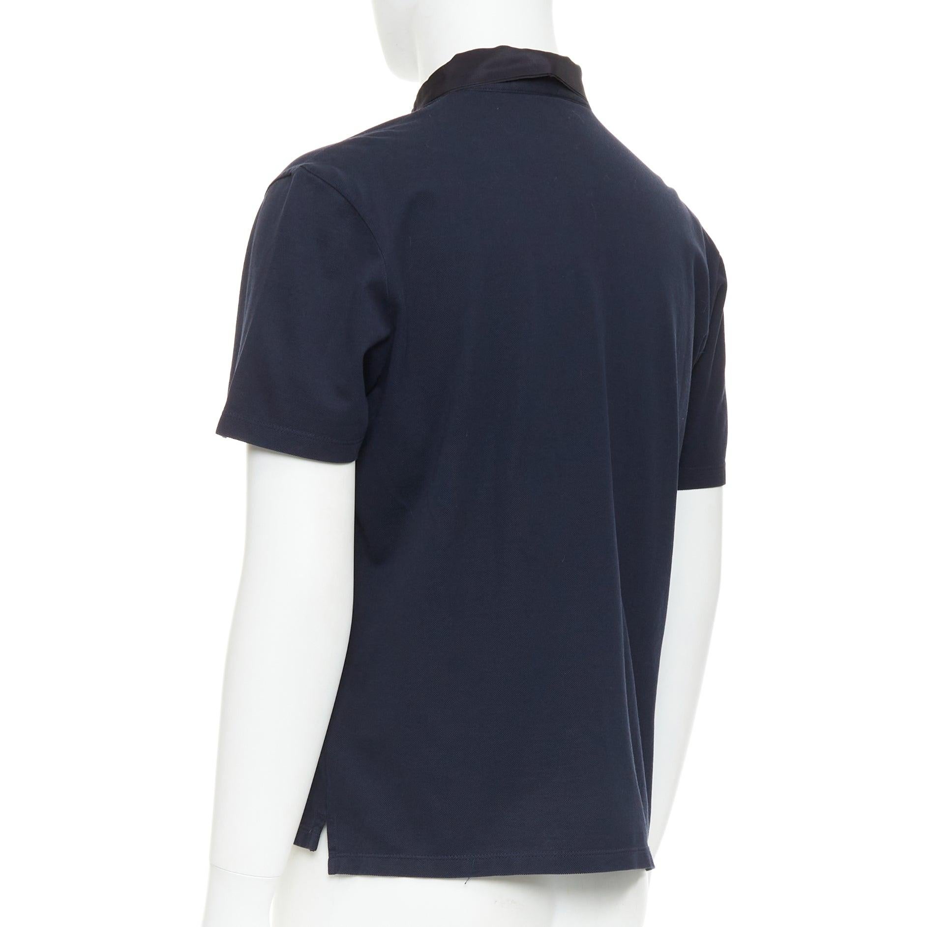 LANVIN polo corto de algodón azul marino con cuello de grosgrain negro M en venta 1