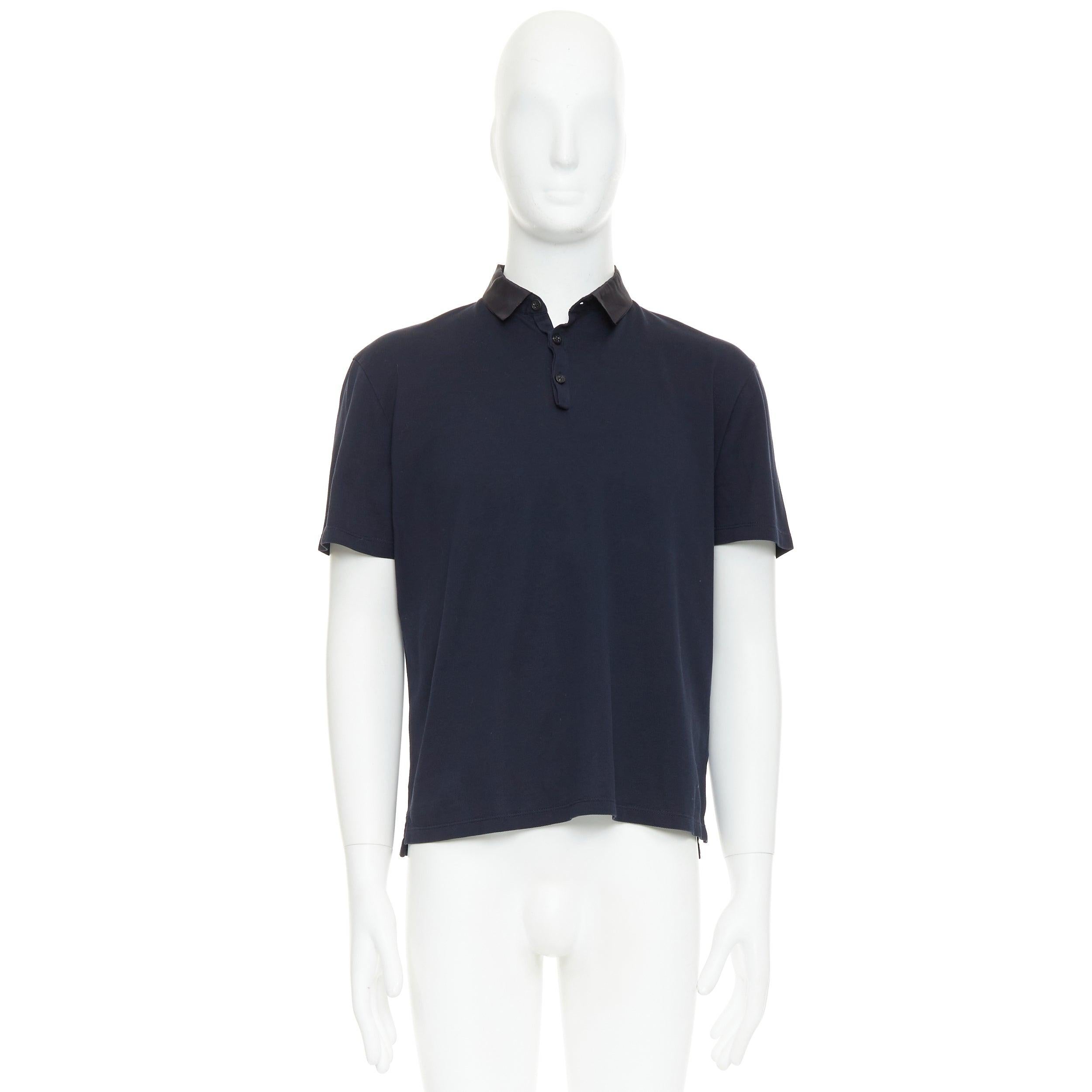 LANVIN polo corto de algodón azul marino con cuello de grosgrain negro M en venta 4
