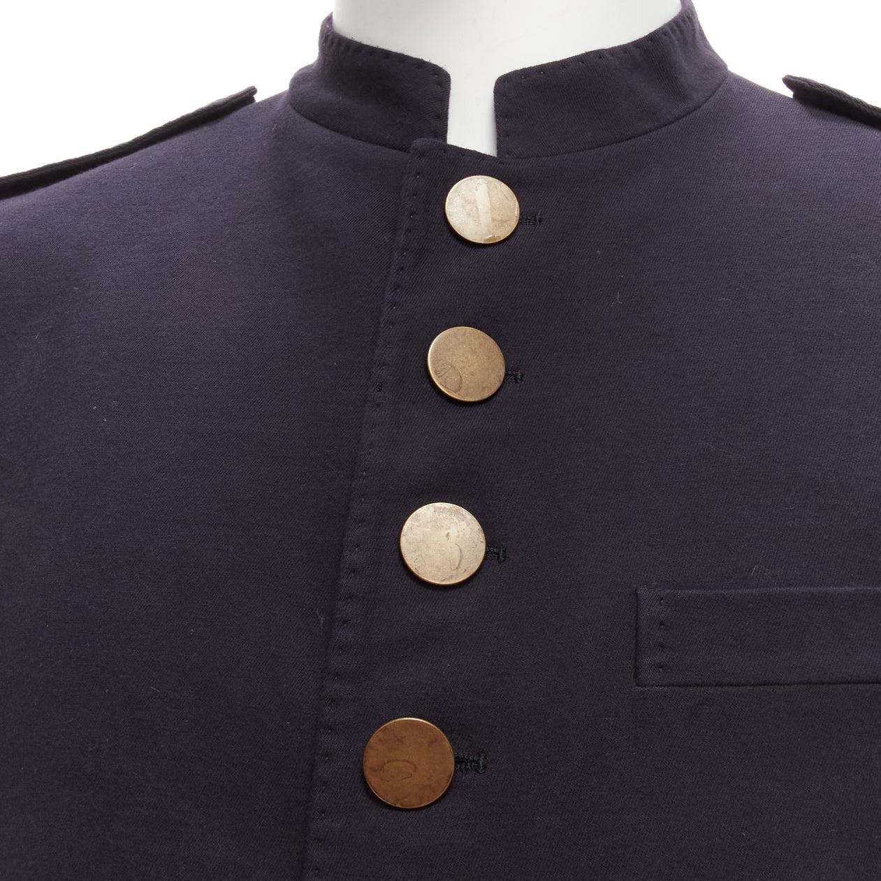 LANVIN navy cotton blend bronze buttons military officer jacket IT48 M
Reference: YNWG/A00181
Brand: Lanvin
Designer: Alber Elbaz
Material: Cotton, Blend
Color: Navy
Pattern: Solid
Closure: Button
Lining: Navy Fabric
Extra Details: Lightly padded