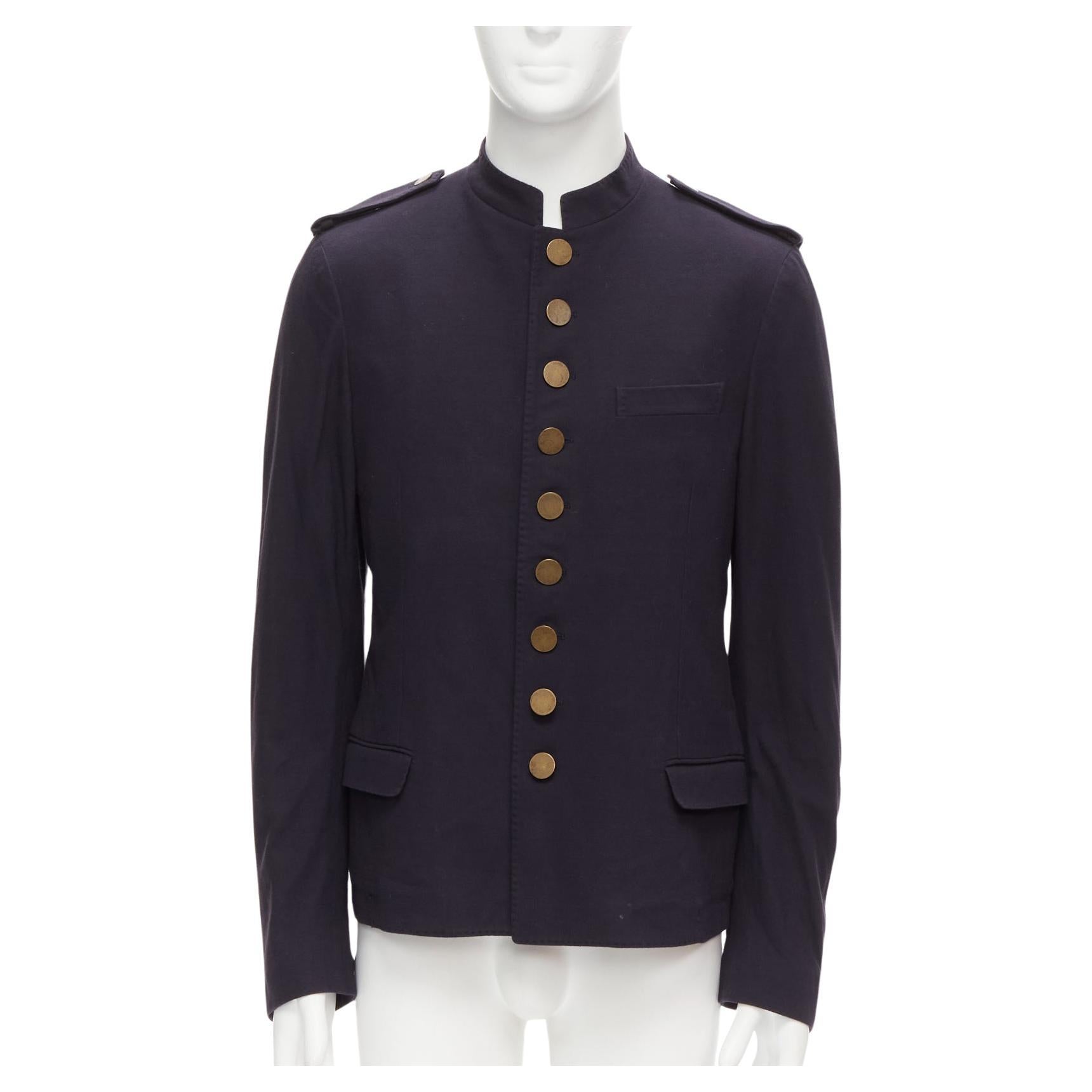 LANVIN navy cotton blend bronze buttons military officer jacket IT48 M For Sale