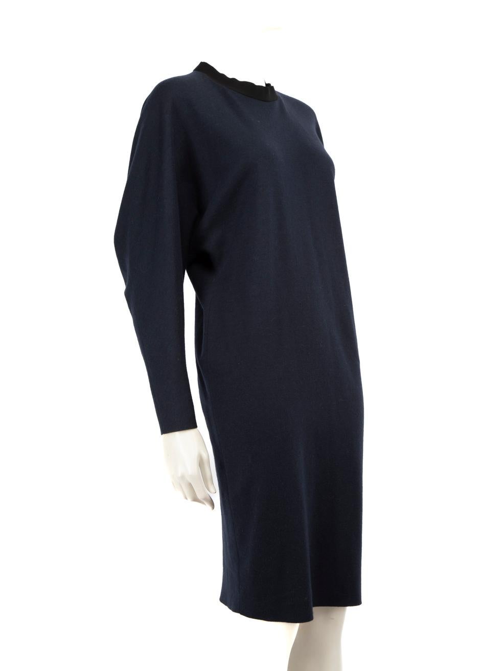 CONDITION is Very good. Hardly any visible wear to dress is evident on this used Lanvin designer resale item.
 
 Details
 
 
 Navy
 
 Wool
 
 Dress
 
 Midi 
 
 Long sleeves
 
 Bat wing sleeve pattern
 
 Round neck
 
 Back zipper closure
 
 
 
 Made