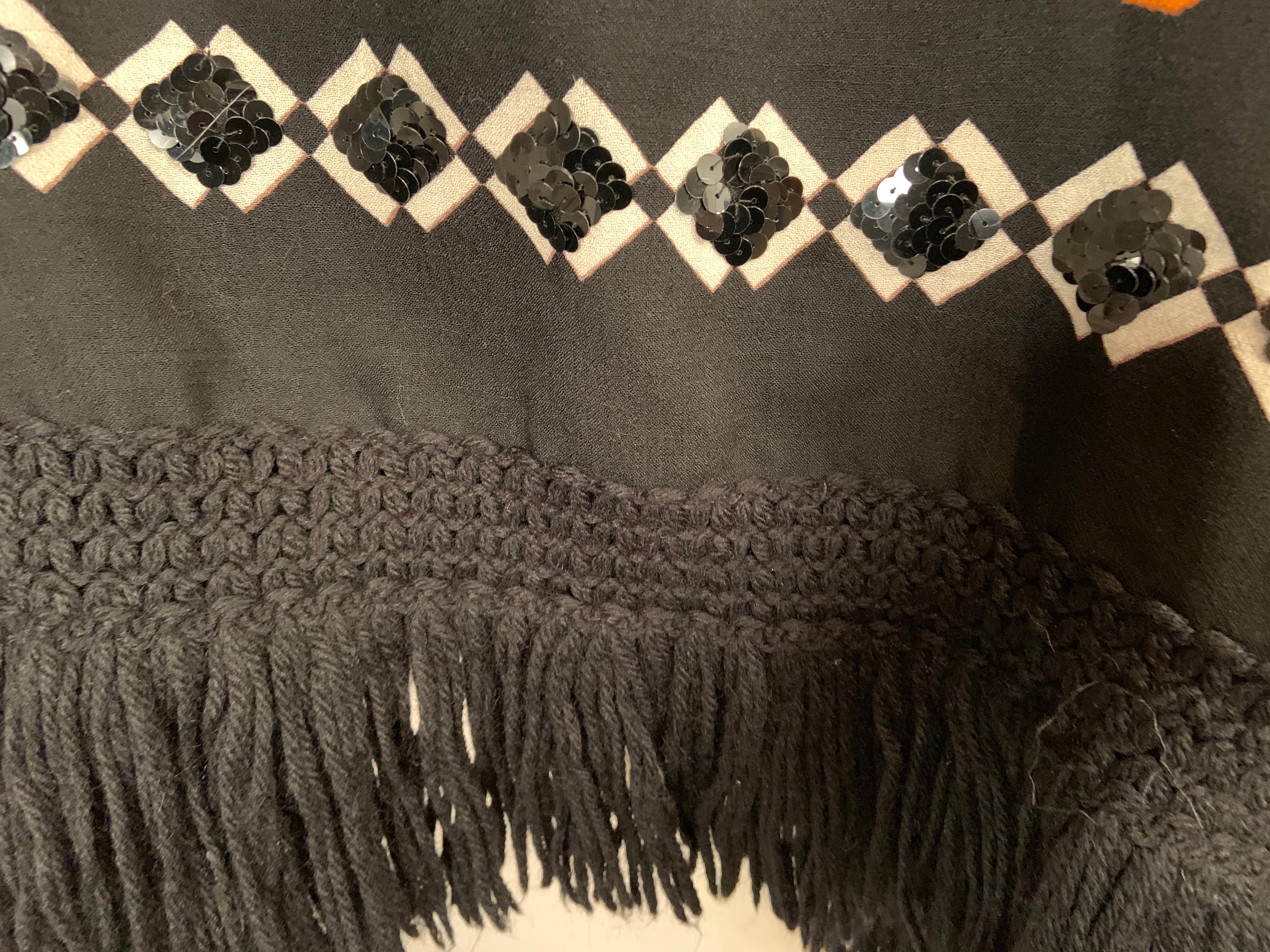 Lanvin Night and Day Half Beaded and Half Plain Wool Challis Shawl circa 1970 In Excellent Condition In New Hope, PA
