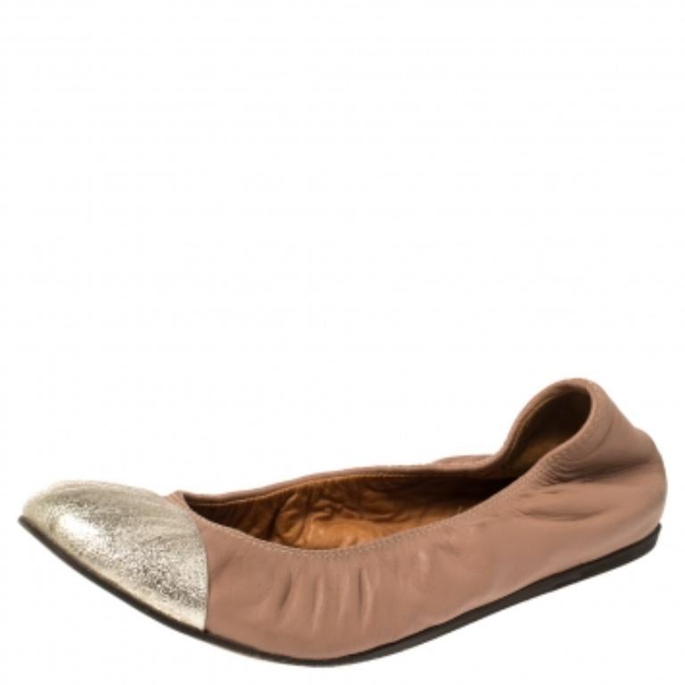 Lanvin Nude/Silver Leather Scrunch Ballet Flats Size 37 For Sale 3