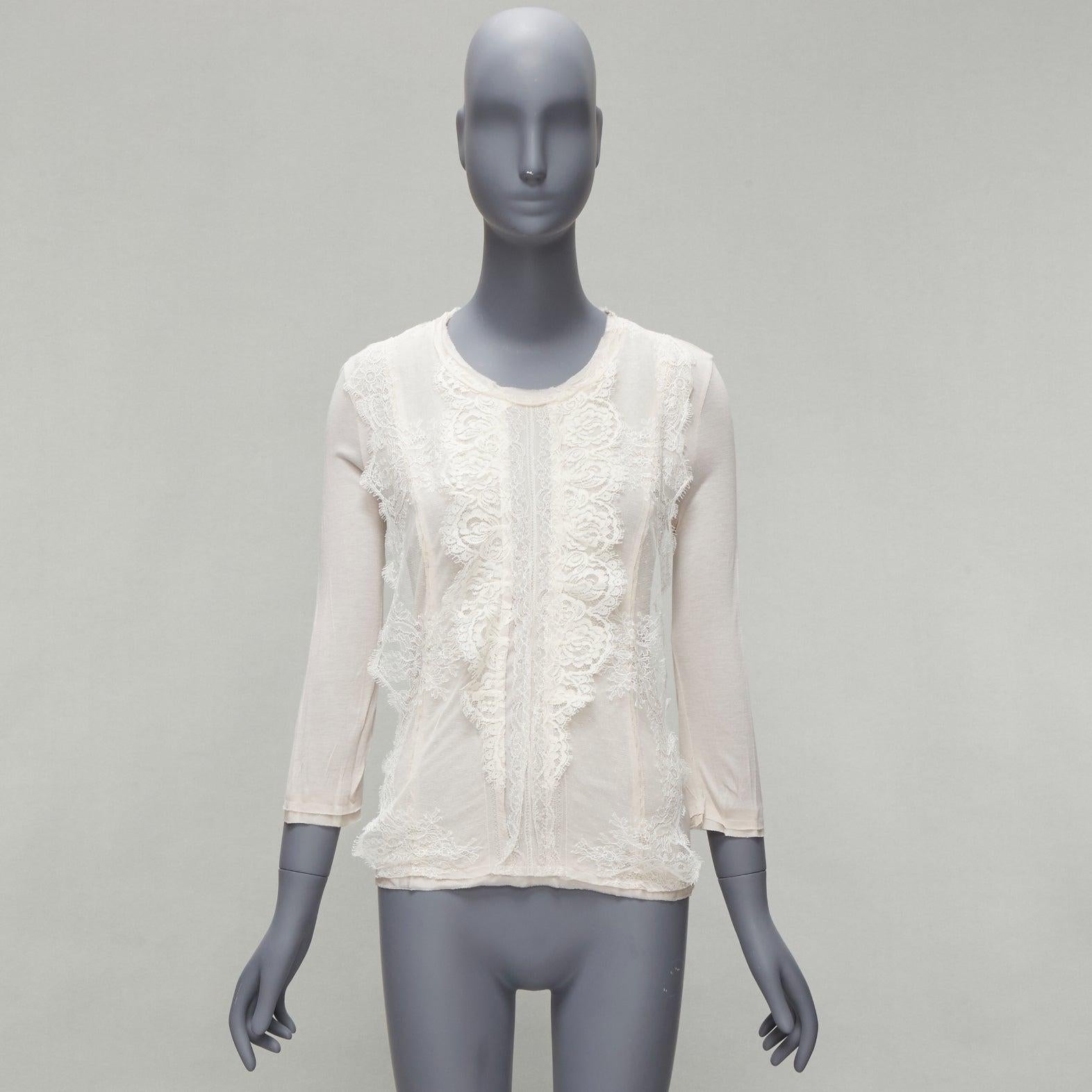 LANVIN off white lace overlay asymmetric cropped 3/4 sleeve top FR32 XXS For Sale 5