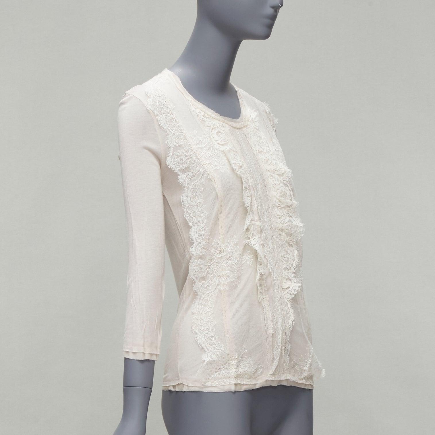 Gray LANVIN off white lace overlay asymmetric cropped 3/4 sleeve top FR32 XXS For Sale