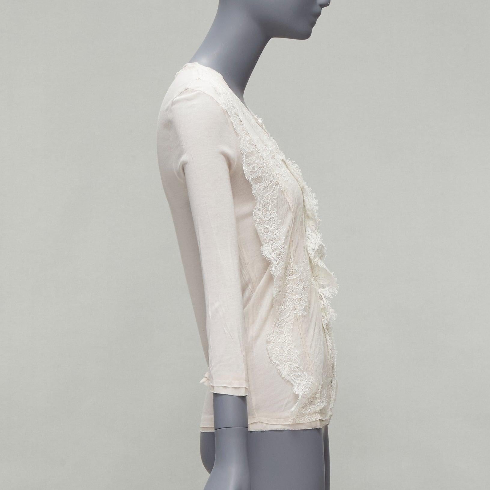 LANVIN off white lace overlay asymmetric cropped 3/4 sleeve top FR32 XXS In Good Condition For Sale In Hong Kong, NT
