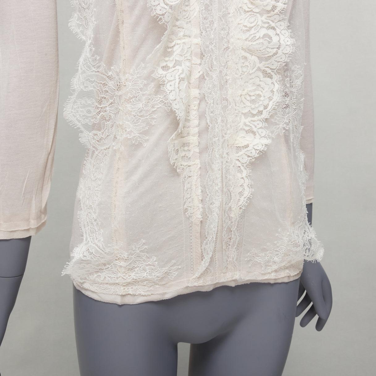 LANVIN off white lace overlay asymmetric cropped 3/4 sleeve top FR32 XXS For Sale 2