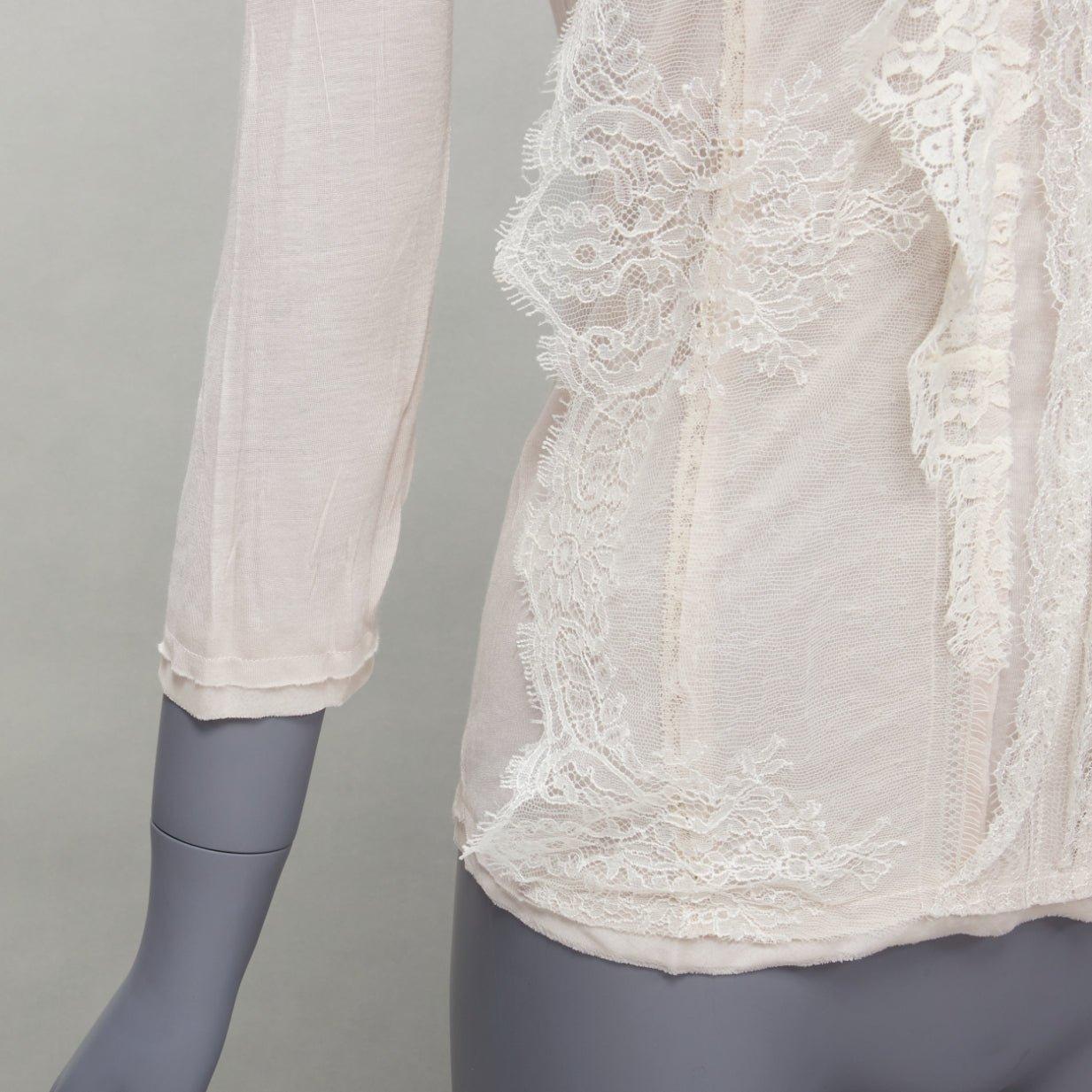 LANVIN off white lace overlay asymmetric cropped 3/4 sleeve top FR32 XXS For Sale 3