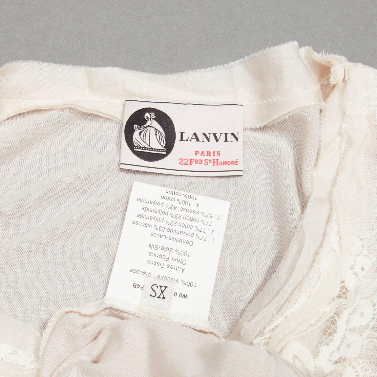 LANVIN off white lace overlay asymmetric cropped 3/4 sleeve top FR32 XXS For Sale 4