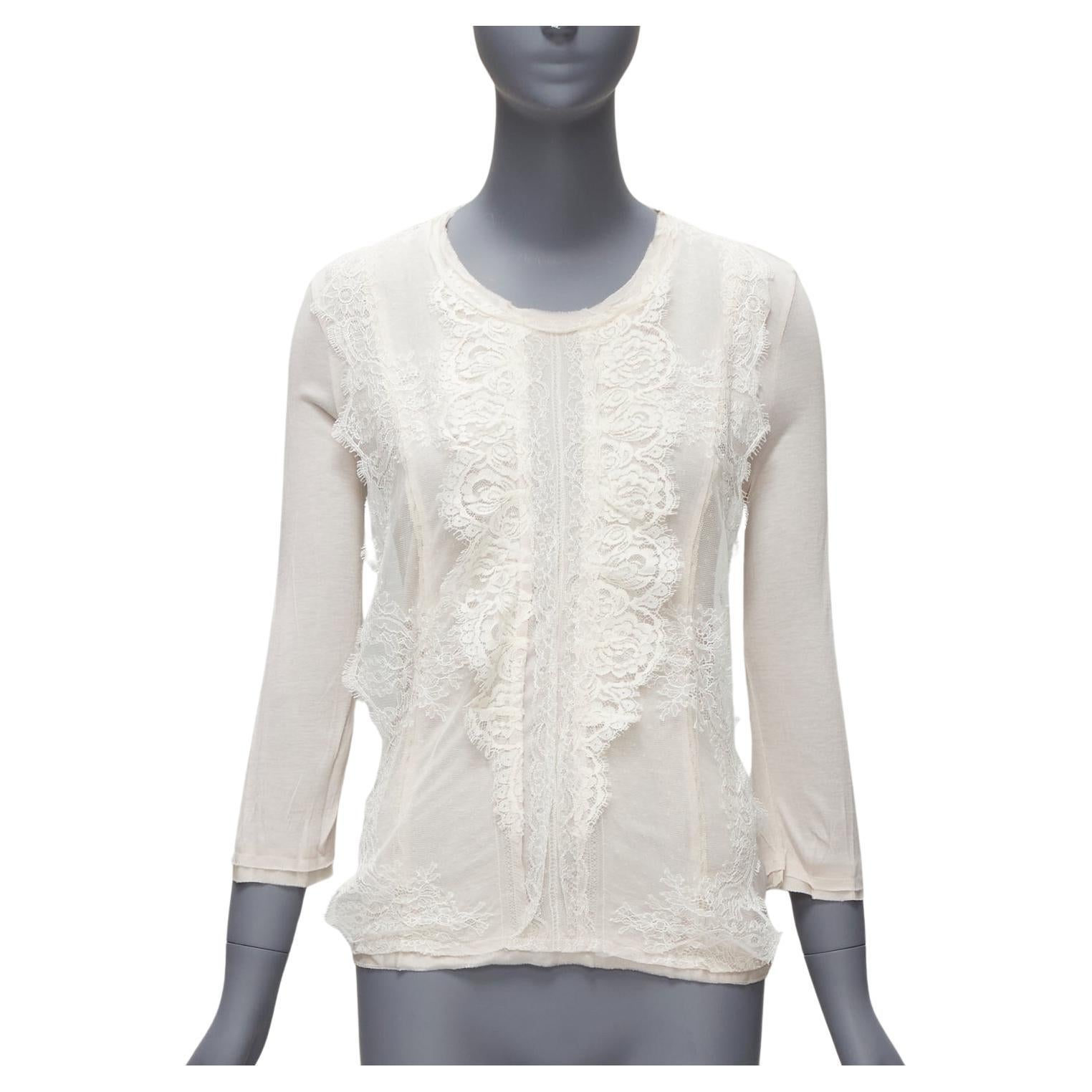 LANVIN off white lace overlay asymmetric cropped 3/4 sleeve top FR32 XXS For Sale
