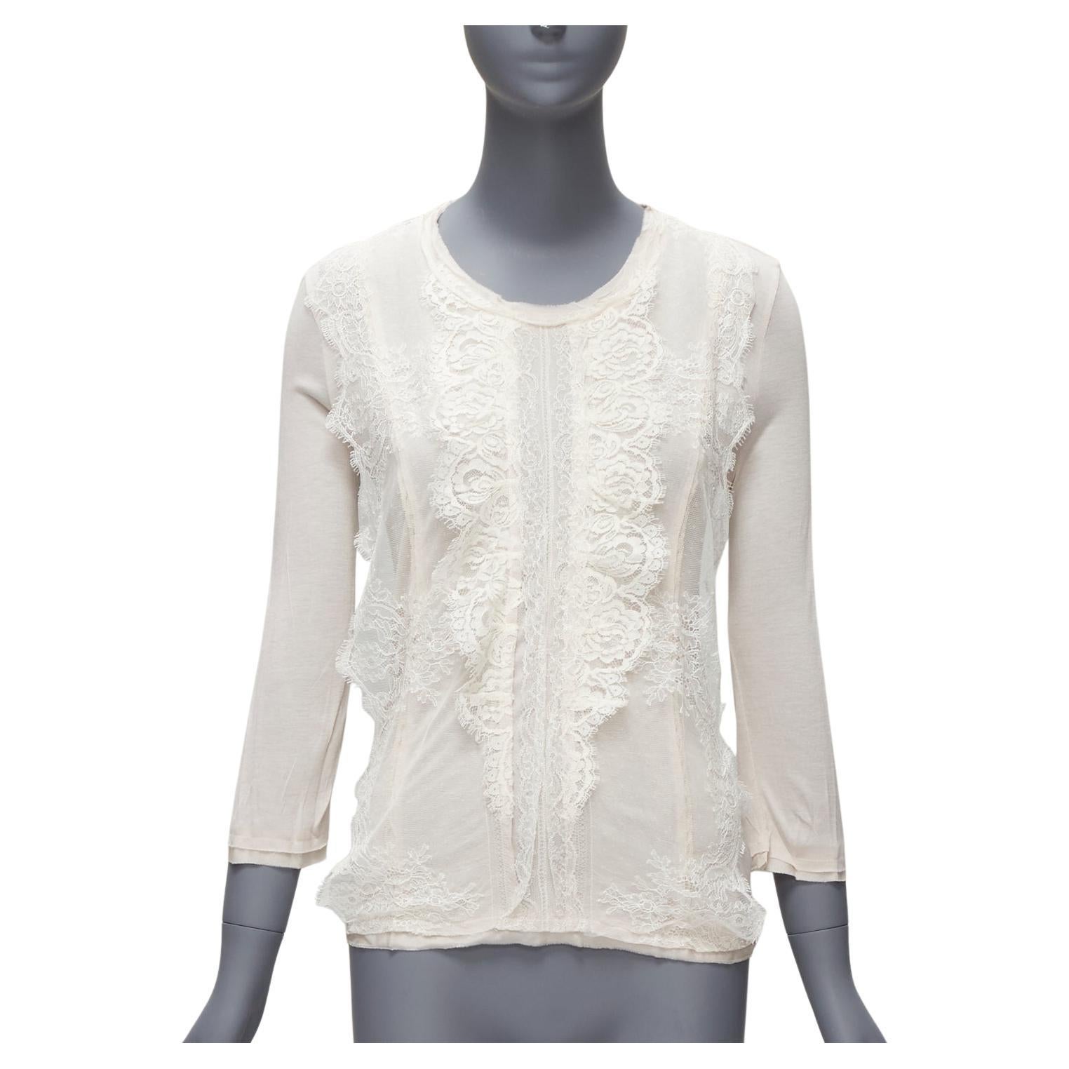 LANVIN off white lace overlay asymmetric cropped 3/4 sleeve top FR32 XXS For Sale