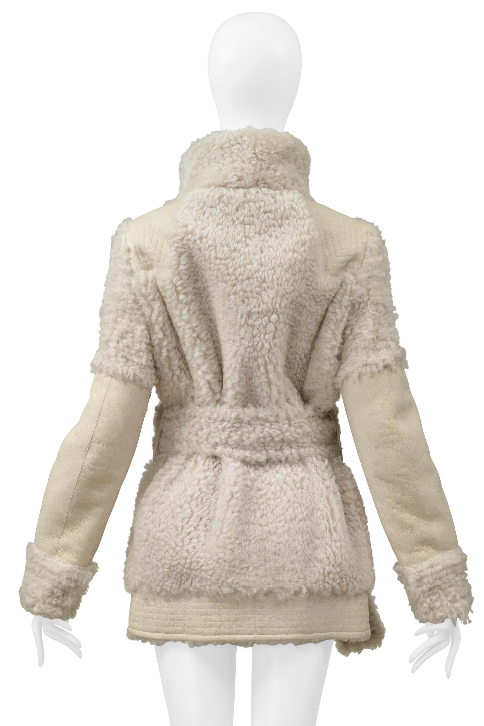 Lanvin Off White Suede & Shearling Coat With Belt For Sale 6