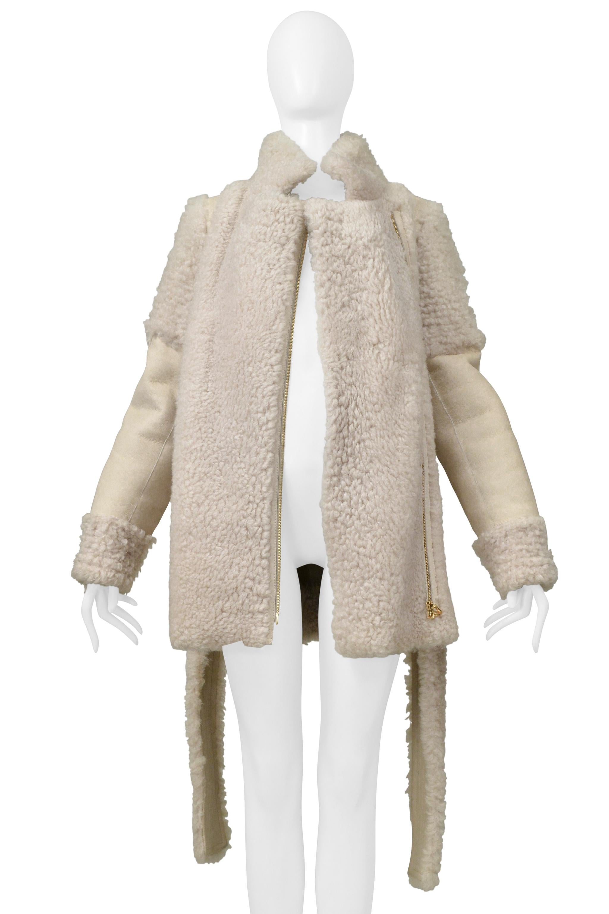 Lanvin Off White Suede & Shearling Coat With Belt In Good Condition For Sale In Los Angeles, CA