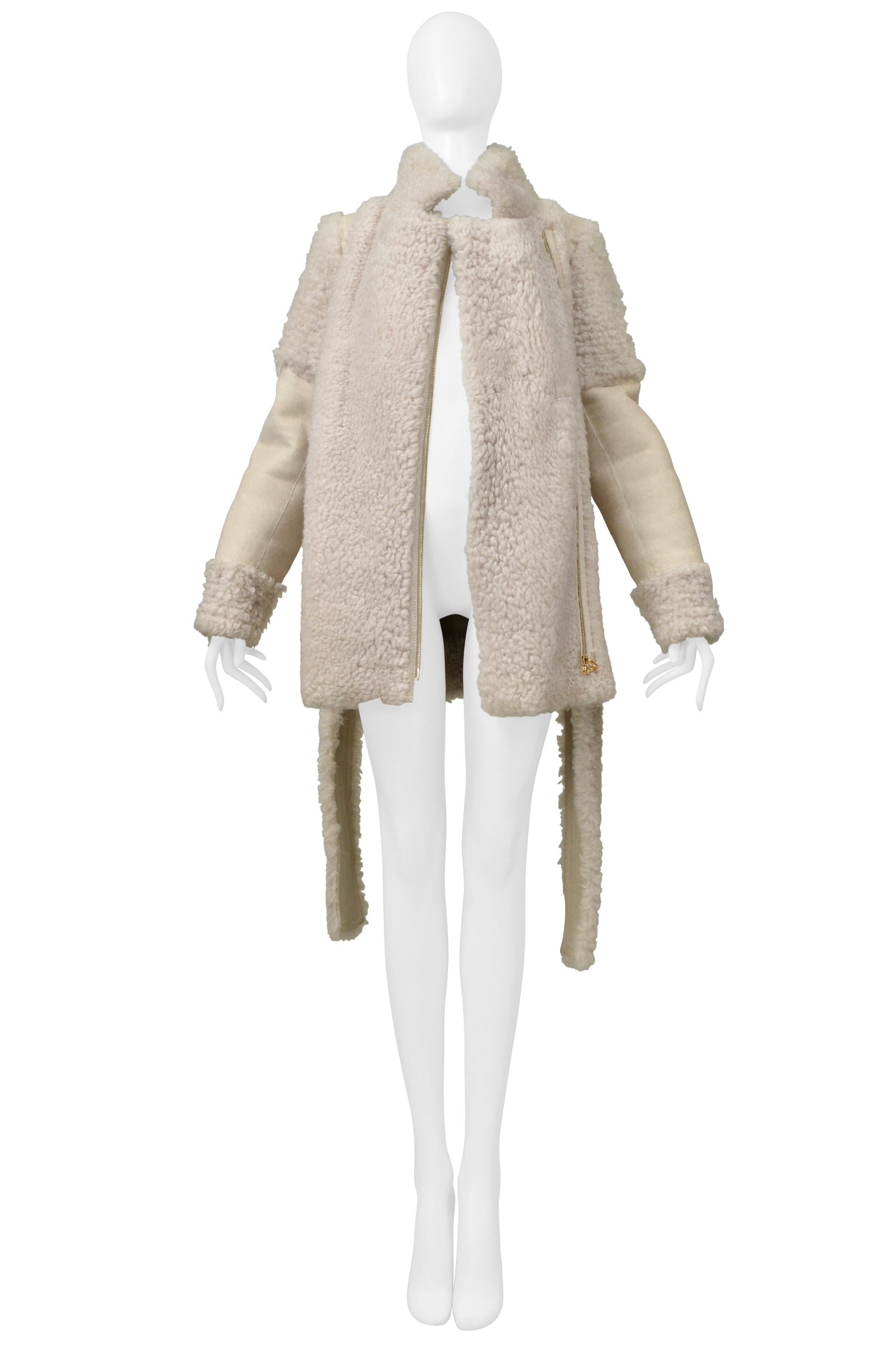 Women's Lanvin Off White Suede & Shearling Coat With Belt For Sale