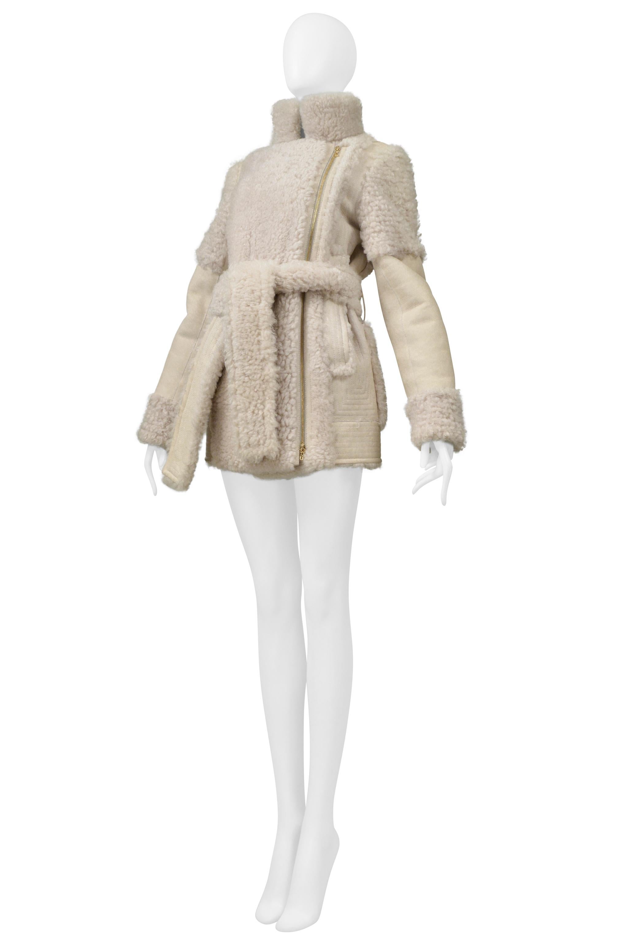Lanvin Off White Suede & Shearling Coat With Belt For Sale 1