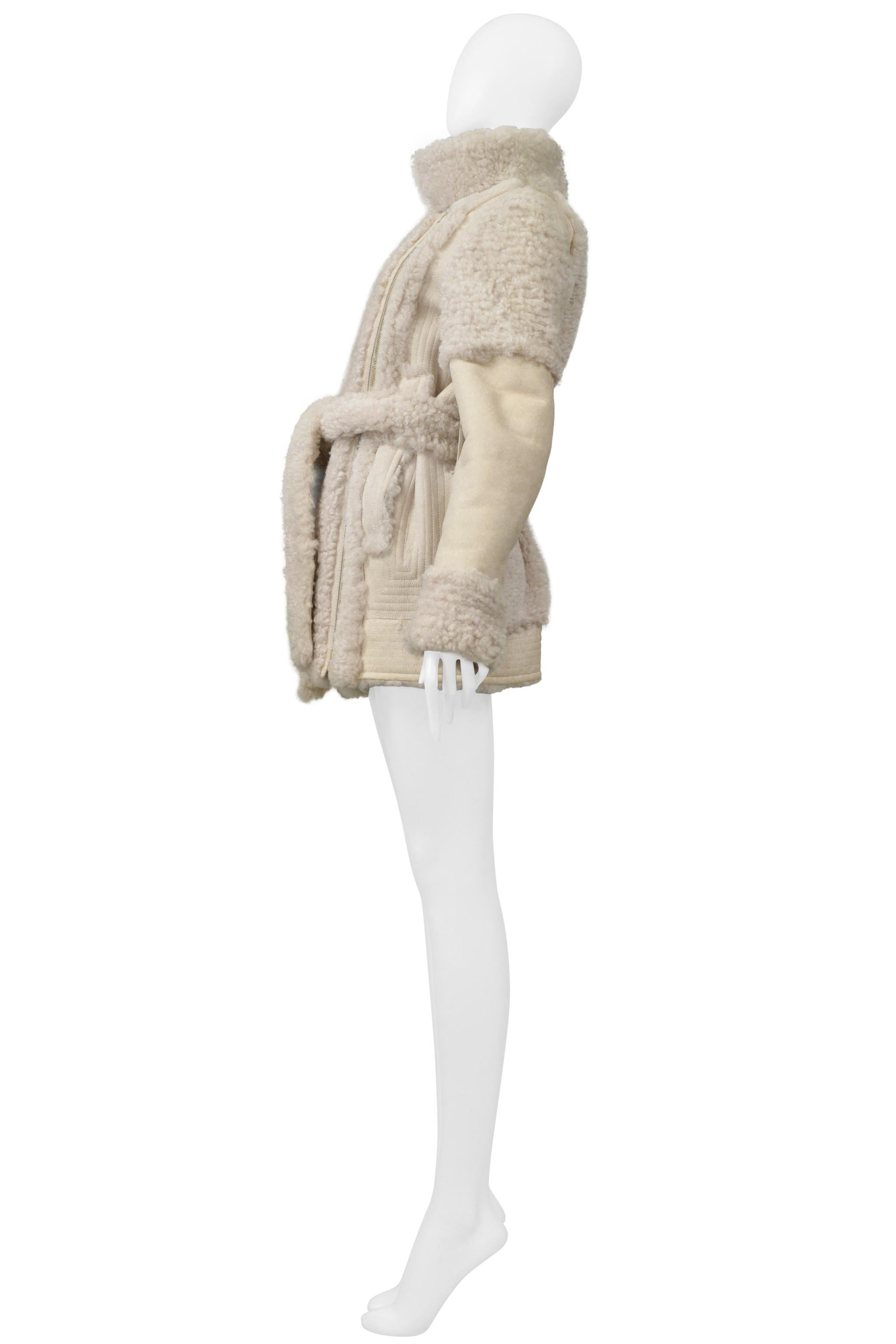 Lanvin Off White Suede & Shearling Coat With Belt For Sale 3