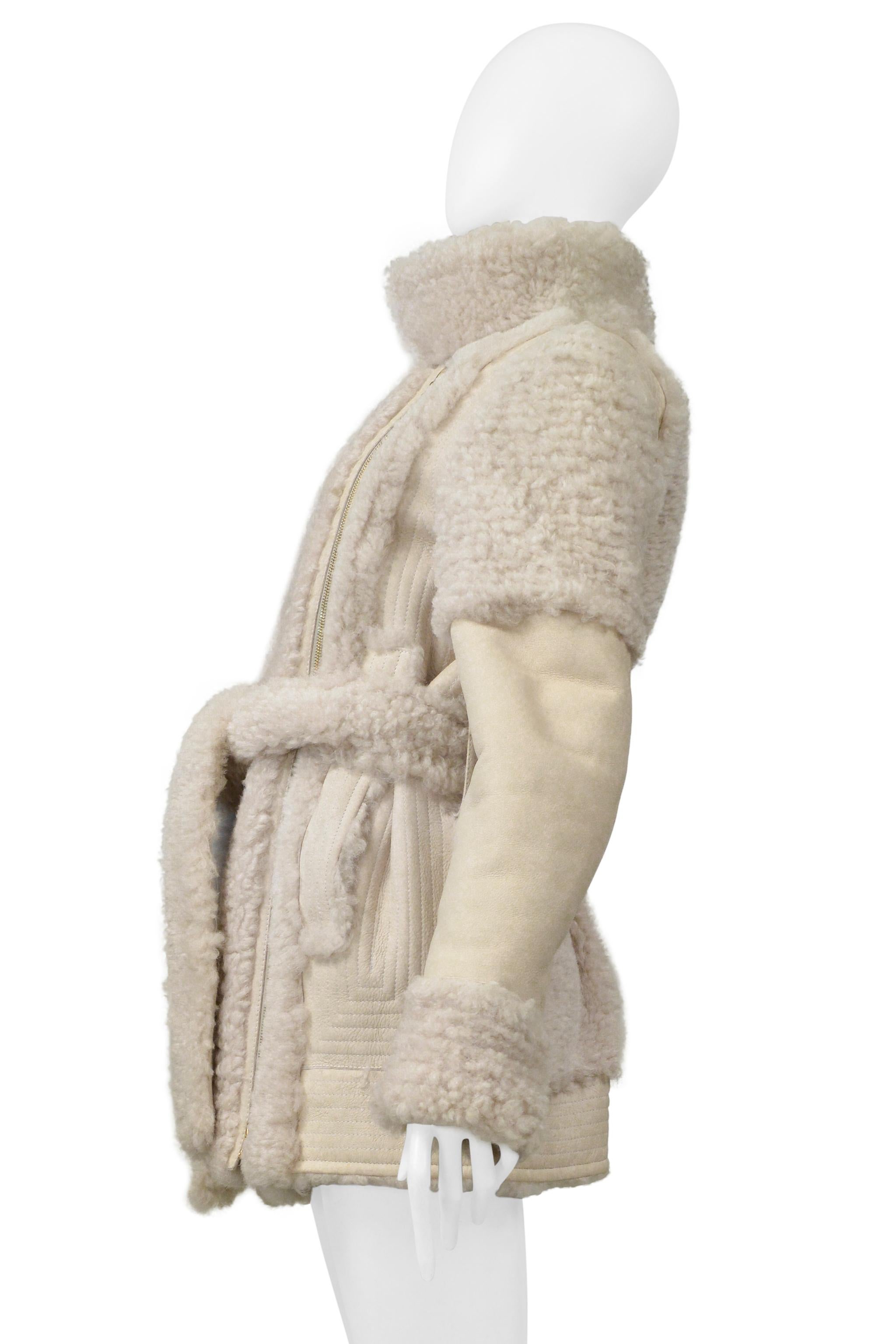 Lanvin Off White Suede & Shearling Coat With Belt For Sale 4