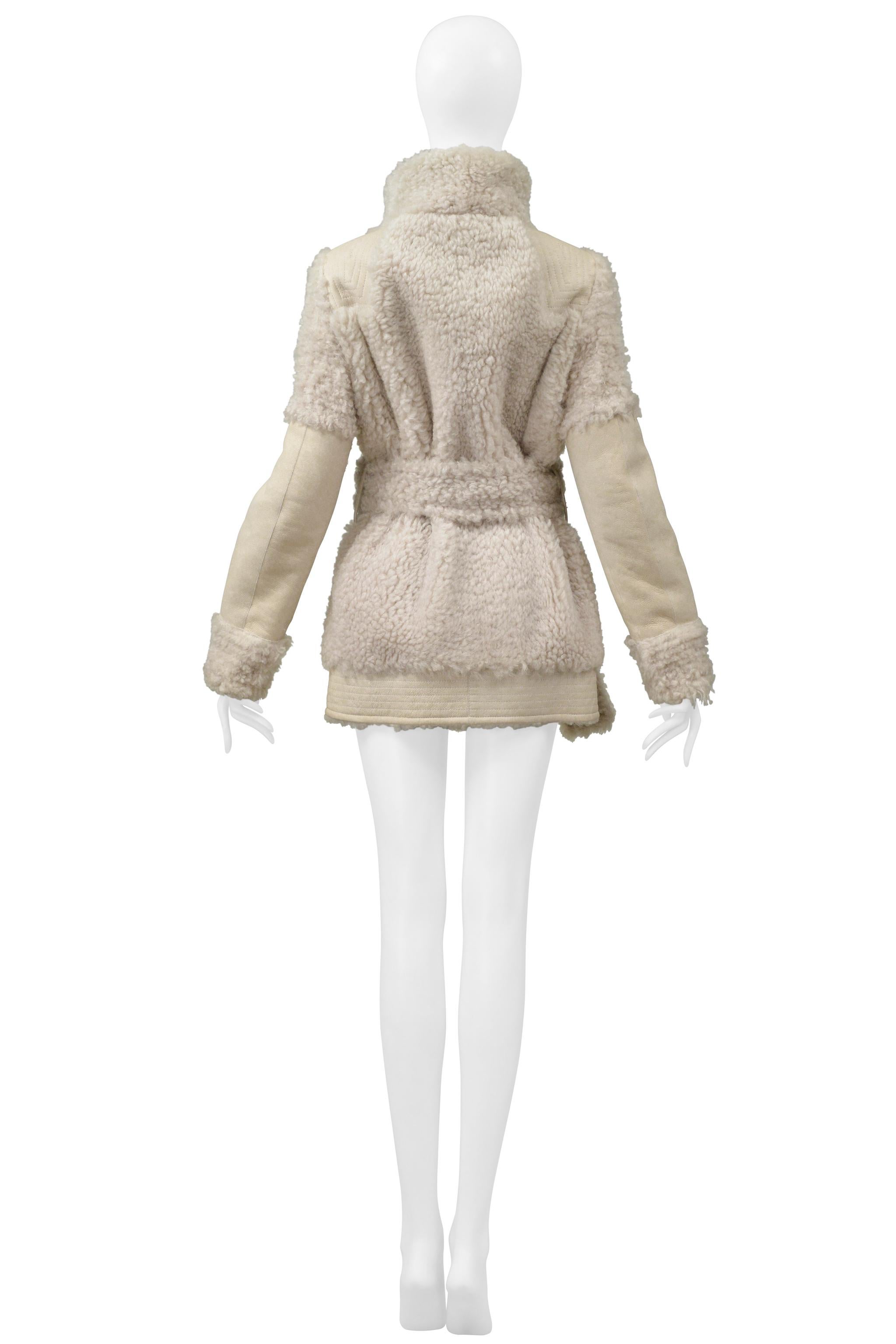 Lanvin Off White Suede & Shearling Coat With Belt For Sale 5