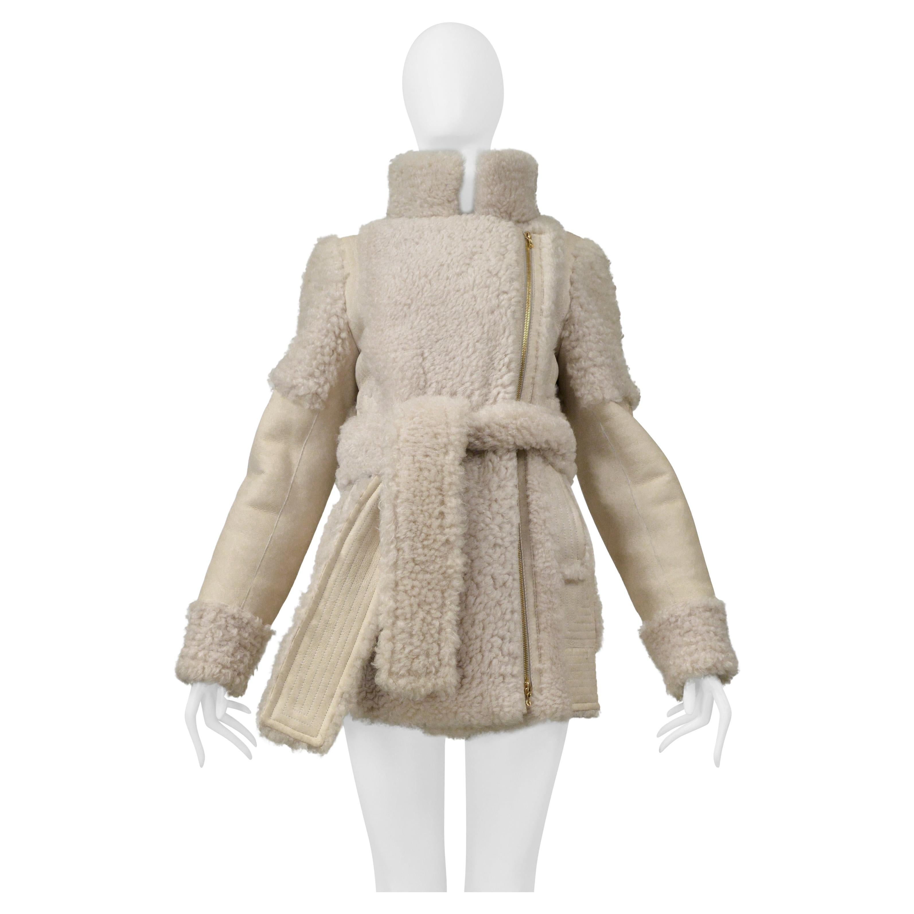 Lanvin Off White Suede & Shearling Coat With Belt For Sale