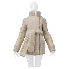 Lanvin Off White Suede & Shearling Coat With Belt