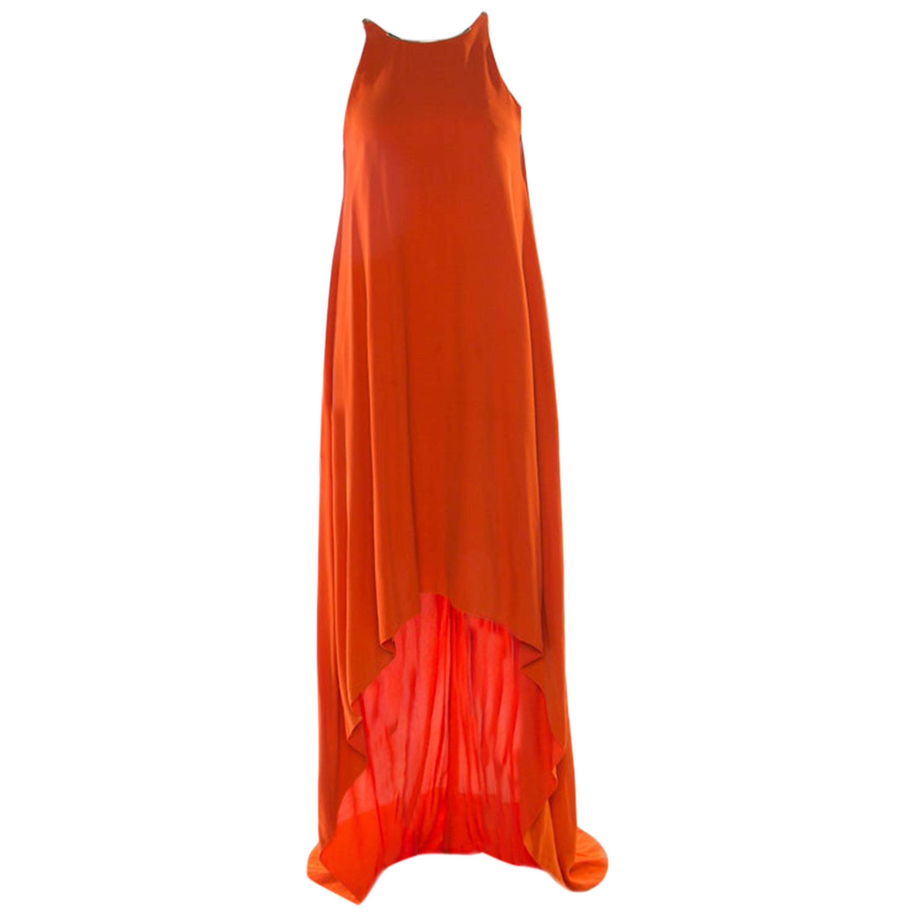 Lanvin - Robe sans manches en crêpe orange à col métallique et ornements, taille M