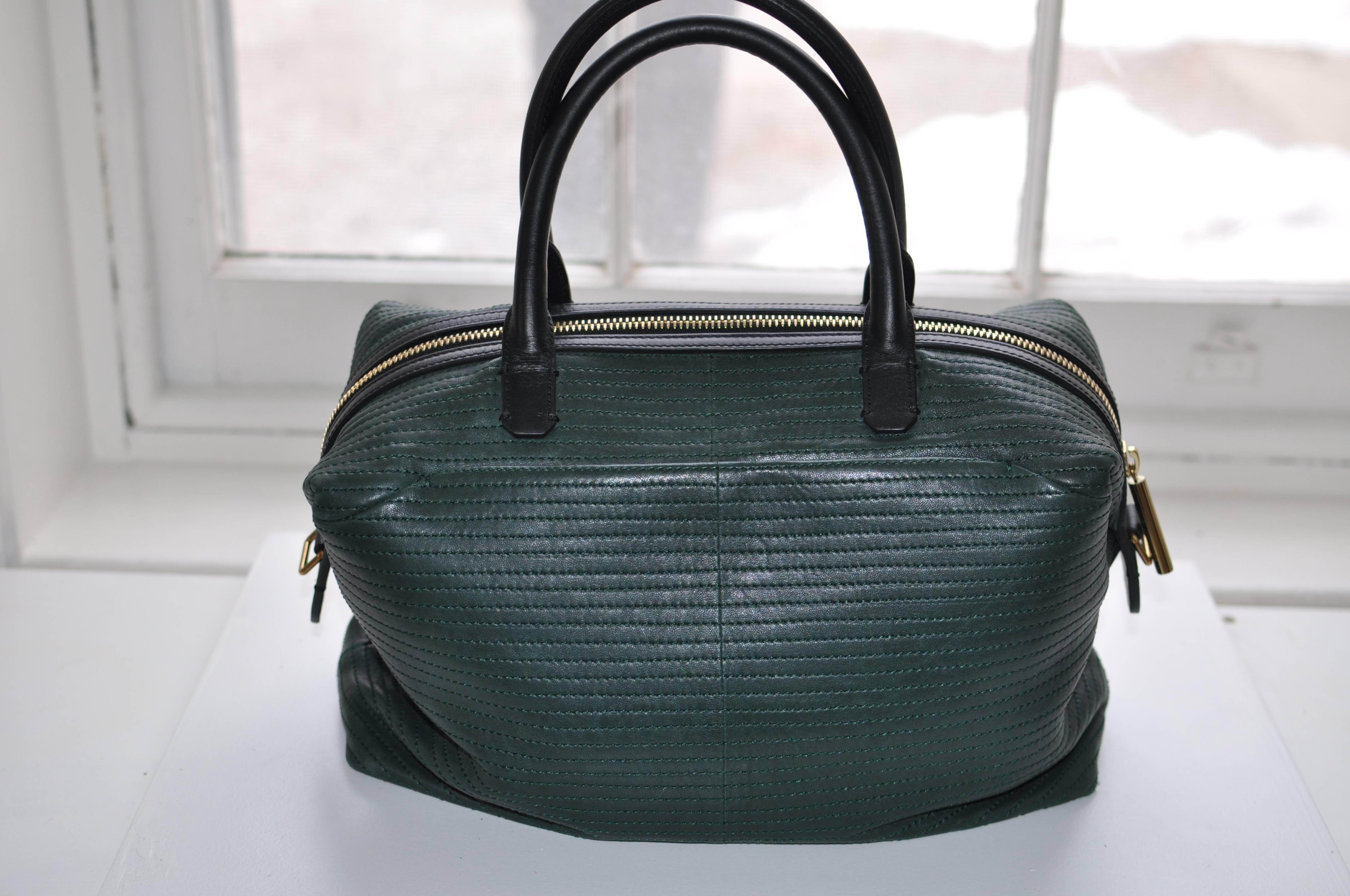 Black Lanvin Padam Forest Green Bowling  Leather Handbag with Top Handles