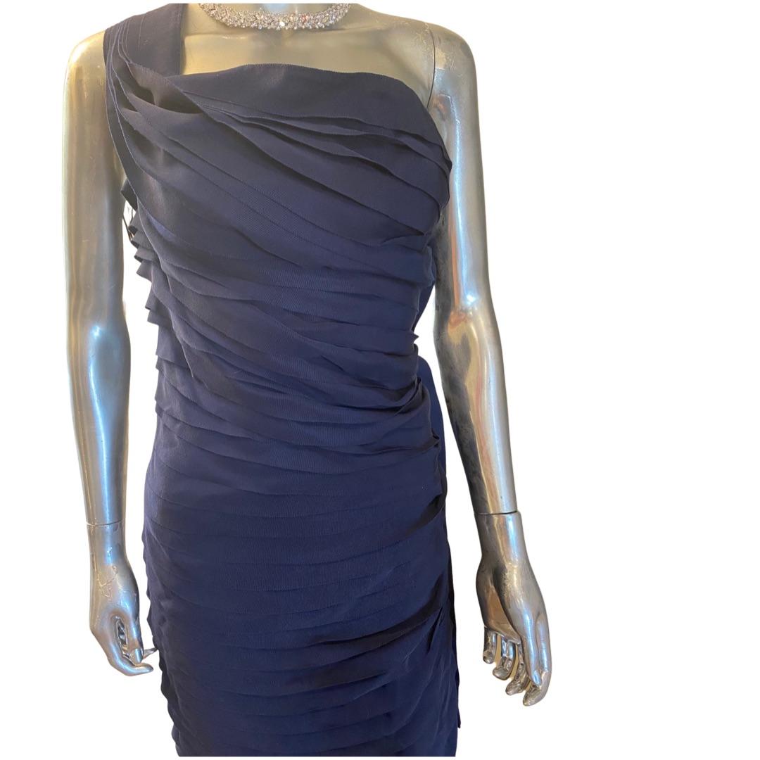 Lanvin Paris 2008 Colección Pasarela Vestido Vintage Drapeado Grosgrain Azul Marino Talla 4 en Bueno estado para la venta en Palm Springs, CA