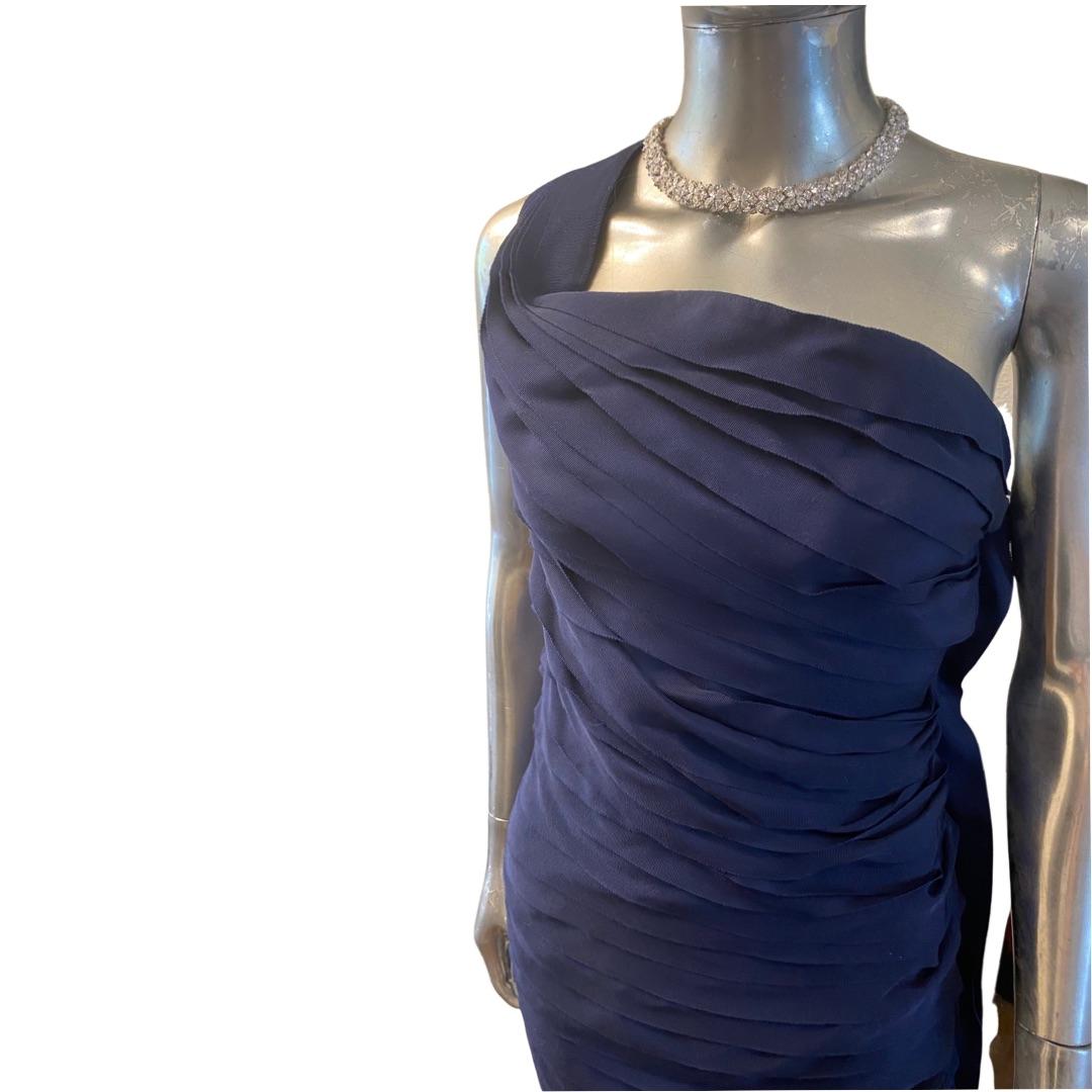 Lanvin Paris 2008 Runway Collection Vintage Draped Grosgrain Navy Dress Size 4 In Good Condition For Sale In Palm Springs, CA