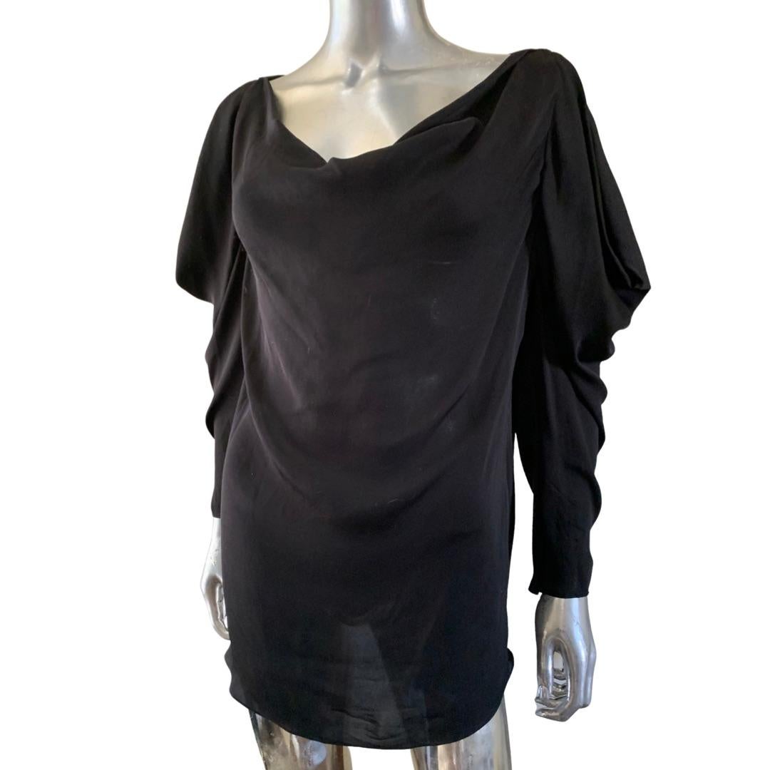 Lanvin Paris 2012 Black Silk Draped Neck and Sleeve Blouse Size 8 In Good Condition In Palm Springs, CA