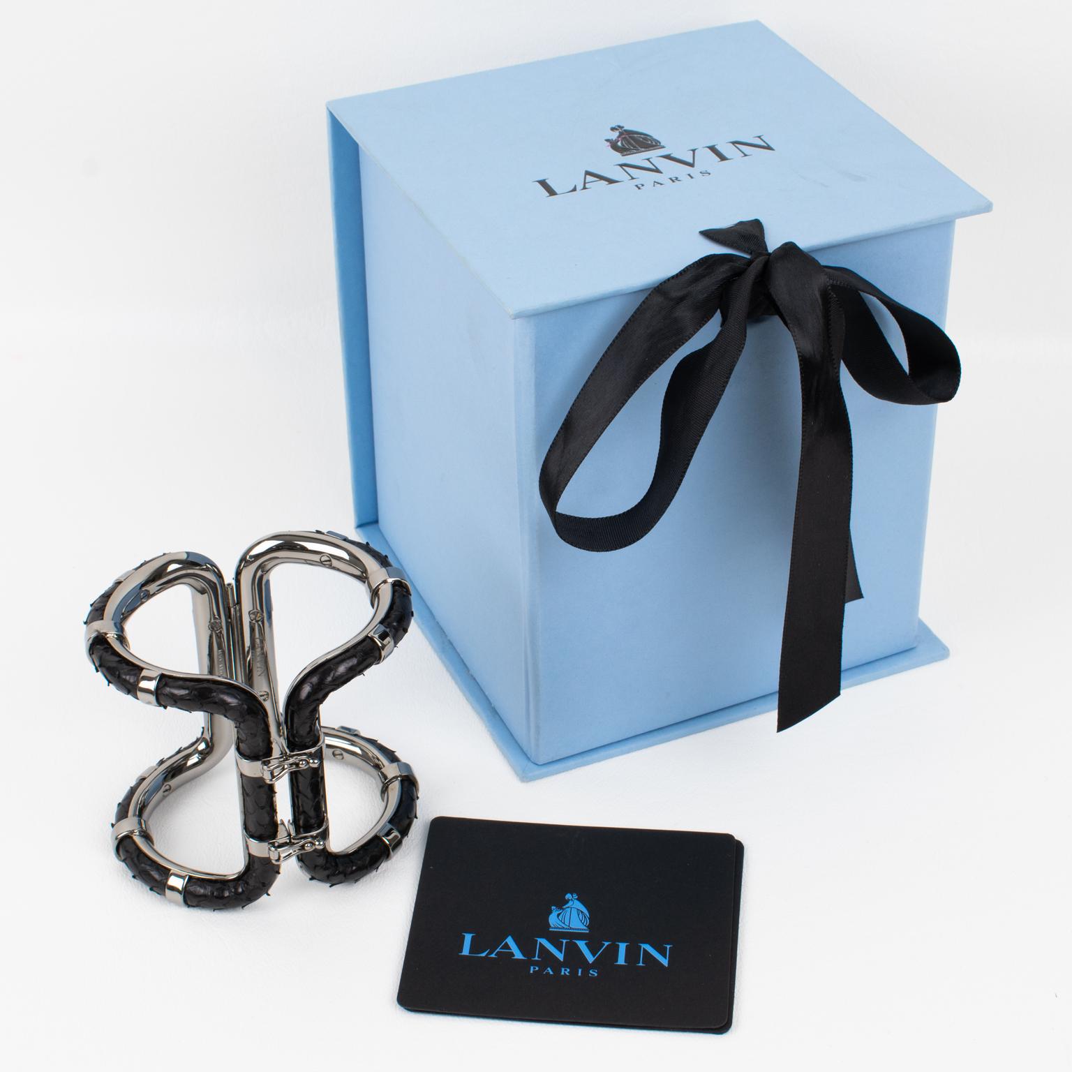 Modernist Lanvin Paris Python Leather and Silver Steel Bracelet For Sale