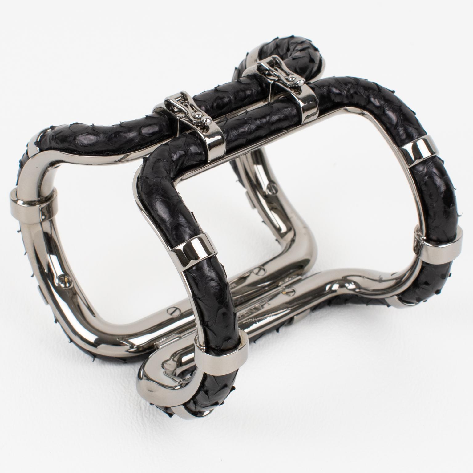 Lanvin Paris Python Leather and Silver Steel Bracelet For Sale 1