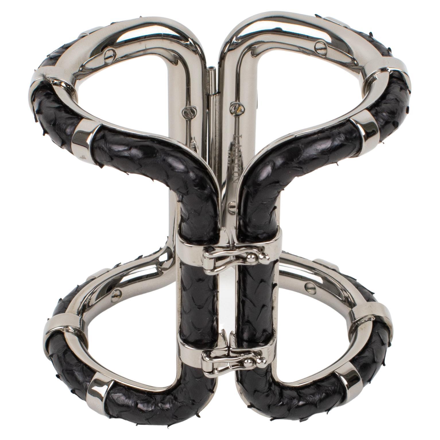 Lanvin Paris Python Leather and Silver Steel Bracelet For Sale